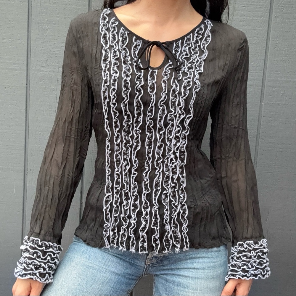 Y2K Piano semi-sheer Black Ruffled Women's Top Sz L